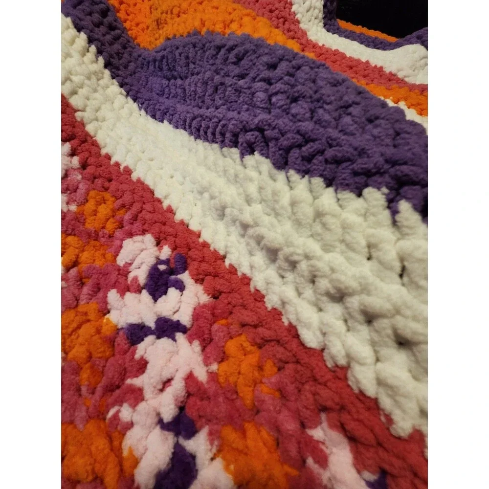 Handmade Crochet Pink Purple Crochet  Blanket  cottag retro, farmhouse, modern